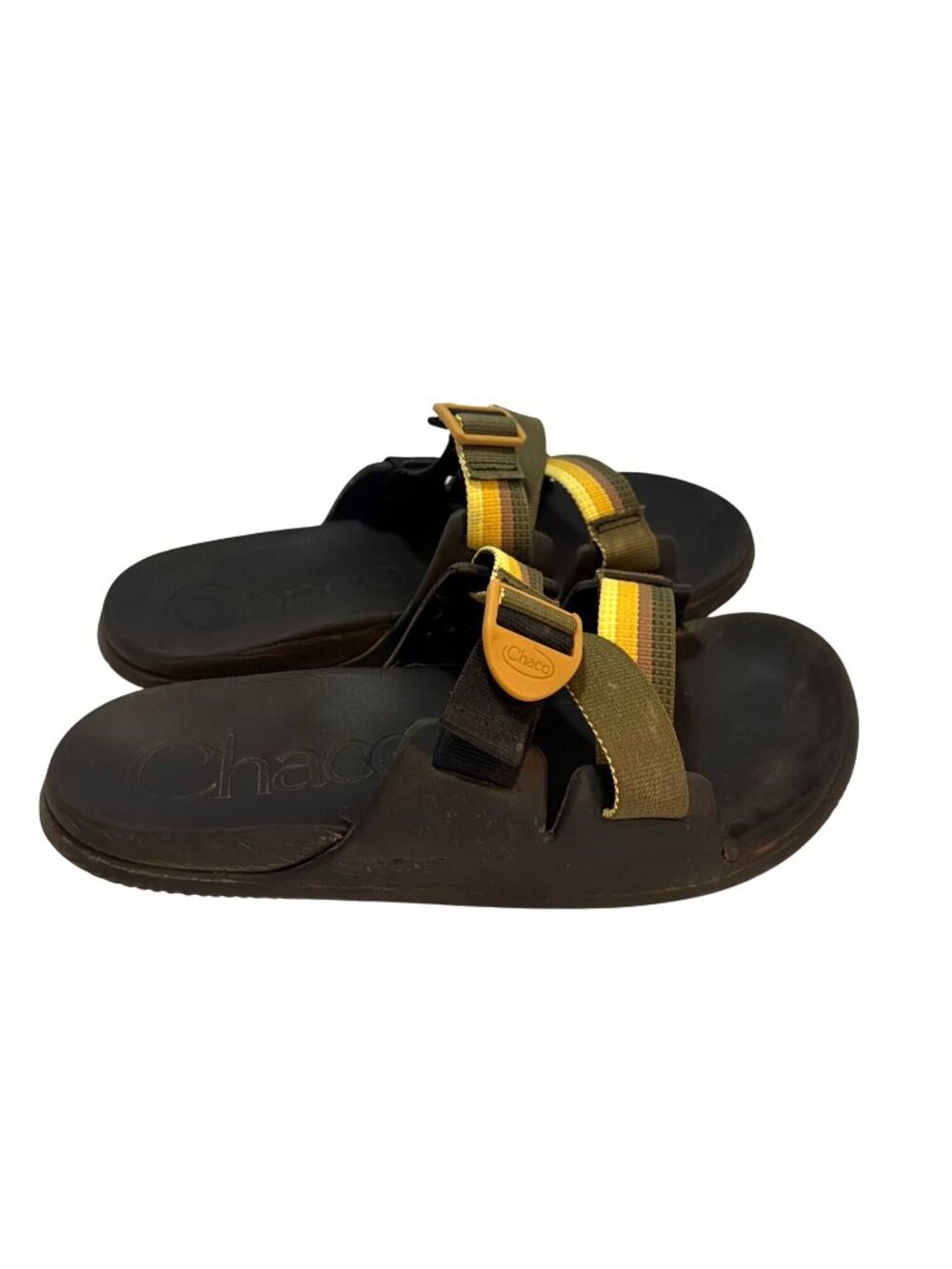 Chaco Chillos Adjustable Slide Sandals Black & Yellow Straps Size W11 - Picture 2 of 7